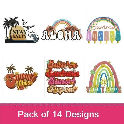 Tropical Summer Themes Embroidery Designs Bundle – Sunshine on My Mind, Stay Salty, Aloha & More (14 Designs)