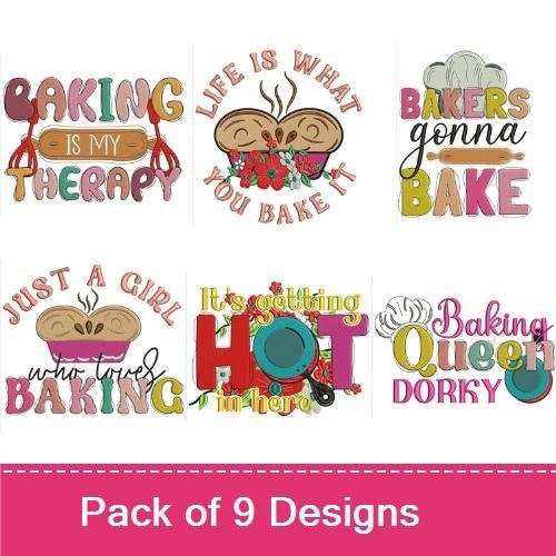 Baking Quotes Embroidery Designs Bundle – Baking is My Therapy, Life is What You Bake It, & More (9 Designs)