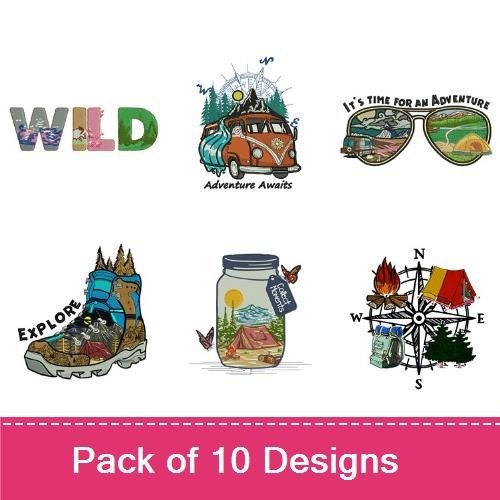 Adventure Camping Embroidery Designs Bundle – Vintage Camper Van, Mountain Landscape, Campsite with Tent & More (10 Designs)