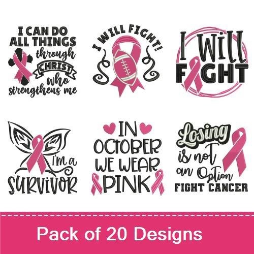 Breast Cancer Awareness Embroidery Designs Bundle – I Can Do All Things, I'm a Survivor, Courage & More (20 Designs)