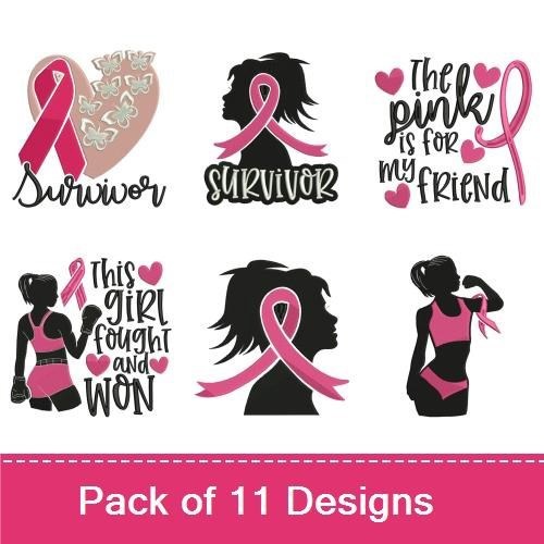 Breast Cancer Awareness Embroidery Designs Bundle – Angel Wings with Ribbon, Pink Ribbon with Survivor, & More (11 Designs)