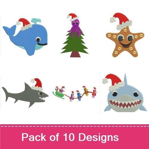 Applique Festive Sea Creatures Embroidery Bundle – Whale with Santa Hat, Octopus with Santa Hat, Shark with Santa Hat & More (10 Designs)