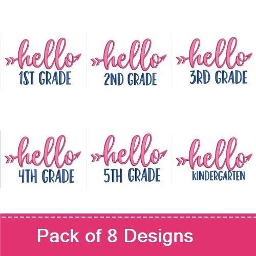 School Grade Signs Embroidery Designs Bundle – Hello Kindergarten, Hello 1st Grade, Hello 2nd Grade & More (8 Designs)