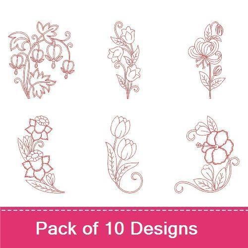 Redwork Assorted Flowers