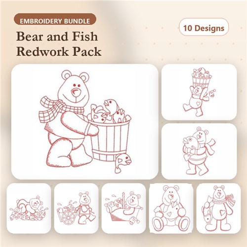 Redwork Bear and Fish Redwork Bear and Fish