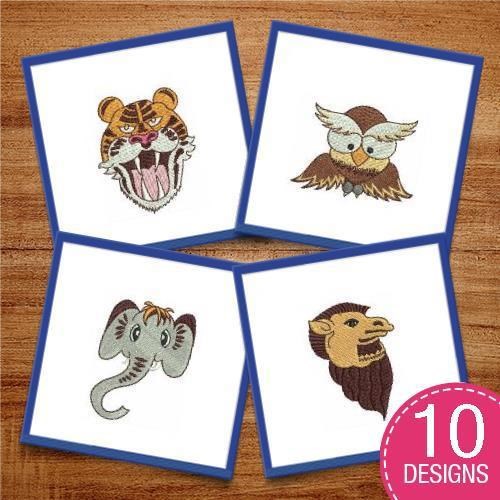 Wild Animal Faces Embroidery Bundle – Tiger, Owl, Elephant, Lion & More (10 Designs)