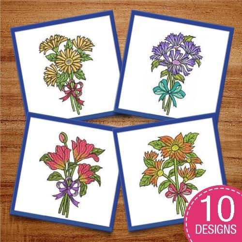 Floral Bouquet Embroidery Designs Bundle – Pink Floral Bouquet with Ribbon, Yellow Floral Bouquet with Bow, & More (10 Designs)
