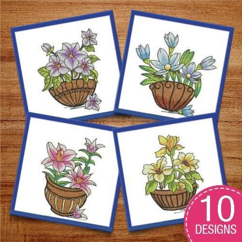 Floral Basket Embroidery Bundle – Purple, Blue, Tall Bouquet & More (10 Designs)