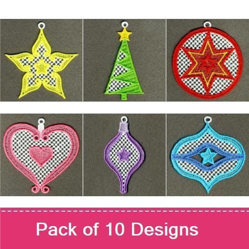 FSL Colorful Christmas Ornaments Embroidery Designs Bundle – Christmas Tree, Star, Flower & More (10 Designs)