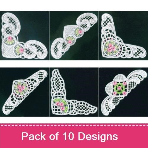 FSL Floral Lace Corner Embellishments Embroidery Bundle – Delicate Lace Elements & More (10 Designs)