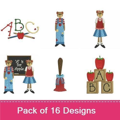 Back to School Teddy Bears Embroidery Bundle – Teddy Bear with Black Board, Teddy Bear with Apple & More (16 Designs)