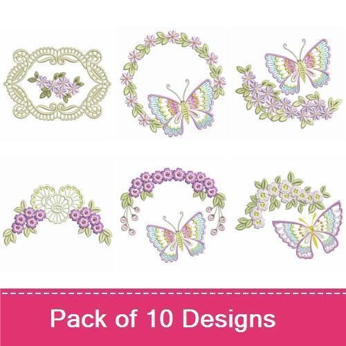 Floral & Butterfly Embroidery Bundle – Butterfly Wreath, Floral Arrangement, Lace Butterfly & More (10 Designs)