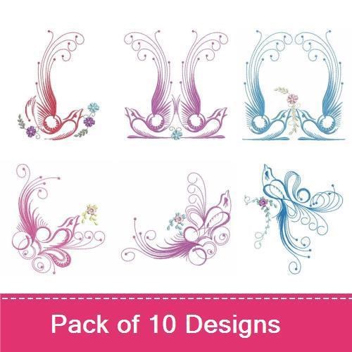 Elegant Birds & Floral Embroidery Designs Bundle – Elegant Bird with Swirls, Floral Arrangement, Colorful Bird Design 1 & More (10 Designs)