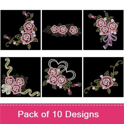 Pink Rose Floral Embroidery Designs Bundle – Rose Bouquet, Single Pink Rose, Floral Corner Design & More (10 Designs)