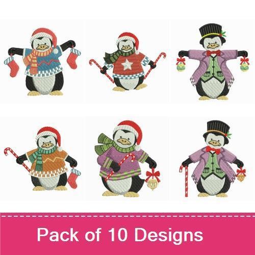 Festive Penguin Holiday Embroidery Designs Bundle – Penguin with Mittens, Penguin in Sweater & More (10 Designs)