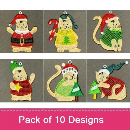 FSL Festive Cat Ornaments Embroidery Designs Bundle – Santa Cat, Christmas Tree Cat, Gift Cat & More (10 Designs)