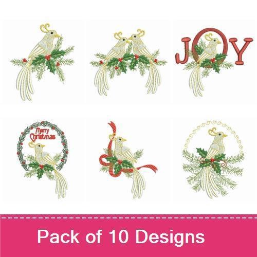 Christmas Dove Embroidery Designs Bundle – Elegant Dove with Holly, Dove Wreath, Joy Dove & More (10 Designs)