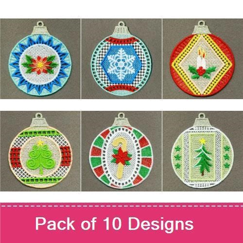 FSL Vintage Christmas Ornaments Embroidery Designs Bundle – Snowflake, Christmas Tree, Holly & More (10 Designs)