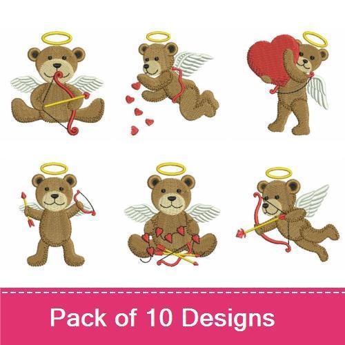 Cupid Bear Embroidery Bundle – Cupid Bear with Hearts, Cupid Bear with Bow & More (10 Designs)