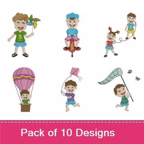 Children's Summer Activities Embroidery Designs Bundle – Boy with Pinwheel, Girl on Swing, Kids Playing Together & More (10 Designs)