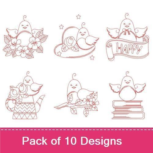 Cute Blue Birds Redwork