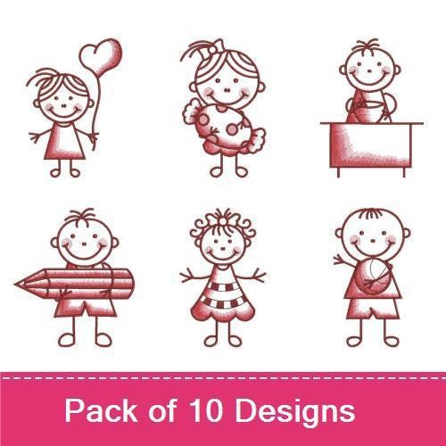 Redwork Cute Kids Sketches Embroidery Designs Bundle – Girl with Balloon, Boy with Crayon, Girl in Crown & More (10 Designs)