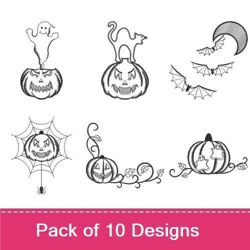 Redwork Halloween Embroidery Designs Bundle – Jack-O'-Lanterns, Ghosts, Scarecrow & More (10 Designs)