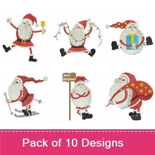 Playful Santa Embroidery Designs Bundle – Dancing Santa, Santa with Candy Canes, Santa Holding Sign & More (10 Designs)