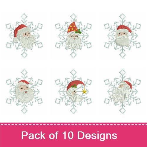 Santa Claus Embroidery Designs Bundle – Santa with Red Hat, Peeking from Snowflake, & More (10 Designs)