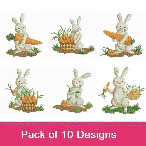 Bunny with Carrots Embroidery Designs Bundle – Bunny in Basket, Bunny Holding Carrot, Bunny Among Carrots & More (10 Designs)