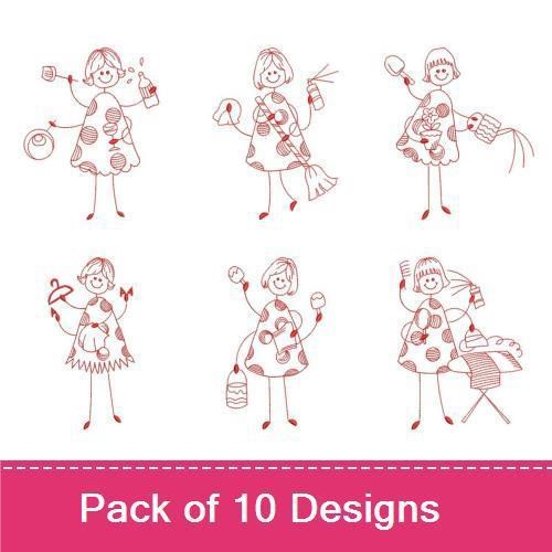 Redwork Busy Girls Embroidery Designs Bundle – Cooking, Cleaning, Crafting & More (10 Designs)