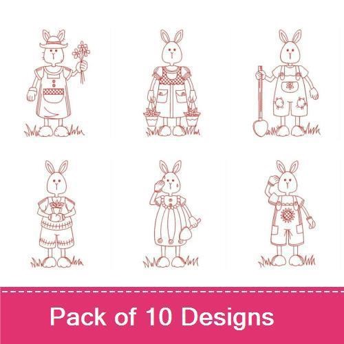 Redwork Garden Bunny Embroidery Bundle – Gardener Bunny, Bunny with Basket, Bunny in Apron & More (10 Designs)