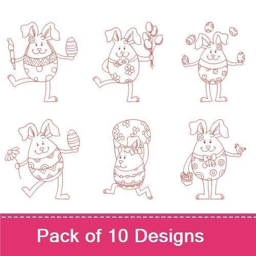 Redwork Easter Bunny Embroidery Designs Bundle – Bunny with Eggs, Juggling, Basket & More (10 Designs)