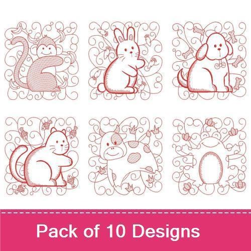 Cute Critters Embroidery Bundle – Redwork Designs (10 Designs)