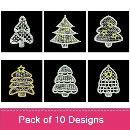 FSL Delicate Lace Christmas Trees Embroidery Bundle – Lace Christmas Tree with Star, Polka Dots, Stripes & More (10 Designs)