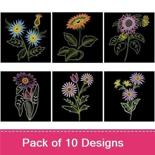 Floral Embroidery Designs Bundle – Sunflower, Blue Flower, Pink Flower, Mixed Floral Bouquet & More (10 Designs)