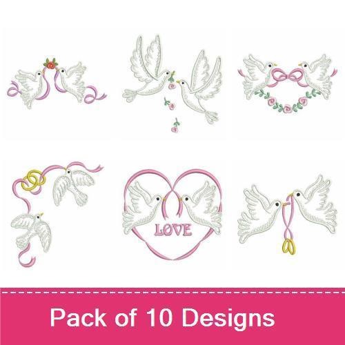 Romantic Doves Embroidery Designs Bundle – Doves with Heart, Doves with Love, Crown Dove & More (10 Designs)