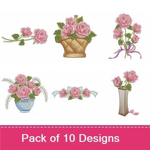 Floral Embroidery Bundle – Basket of Pink Roses, Pink Roses in Vase, Pink Rose Bouquet & More (10 Designs)