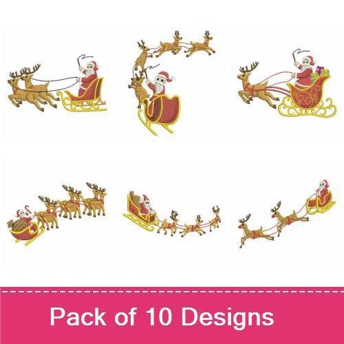 Santa & Reindeer Embroidery Designs Bundle – Santa in Sleigh, Reindeer Pulling Sleigh, Santa Flying & More (10 Designs)