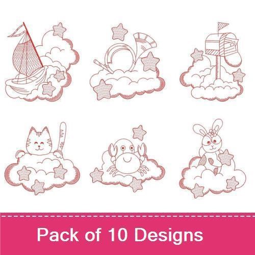 Redwork Whimsical Cloud Critters Embroidery Designs Bundle – Cat, Giraffe, Bunny, Bear & More (10 Designs)