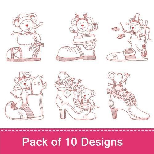 Redwork Festive Holiday Shoe Embroidery Bundle – Mouse in Holiday Boot, Santa Shoe, Gingerbread Shoe & More (10 Designs)