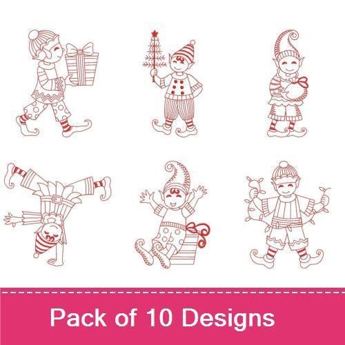Redwork Playful Christmas Elves Embroidery Designs Bundle – Elf with Gift, Elf with Tree, Sitting Elf with Present & More (10 Designs)