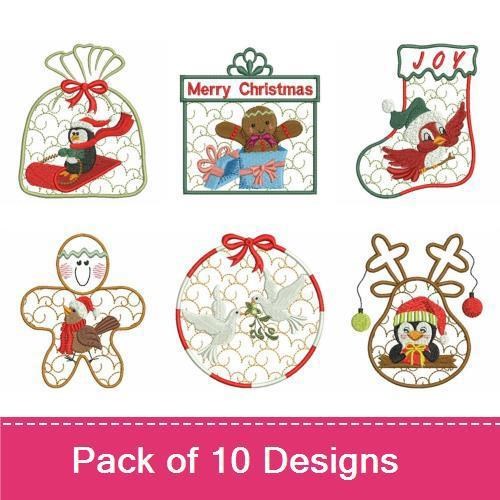 Festive Christmas Embroidery Designs Bundle – Penguin in Sleigh, Santa Claus in Stocking, Gingerbread Man & More (10 Designs)