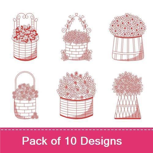 Redwork Floral Basket Embroidery Designs Bundle – Floral Basket with Blossoms, Lattice Basket with Flowers & More (10 Designs)