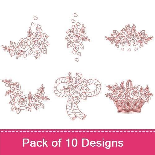Redwork Romantic Roses Embroidery Designs Bundle – Rose Bouquet, Single Rose, Floral Wreath & More (10 Designs)