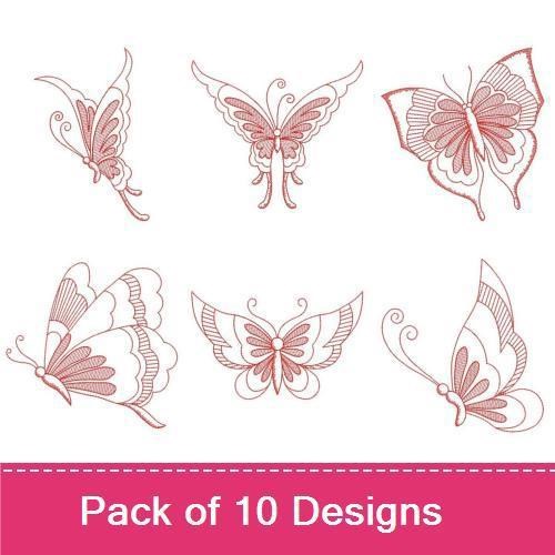 Redwork Elegant Butterflies & Florals Embroidery Bundle – Butterfly with Flowers, Ornate Butterfly, & More (10 Designs)