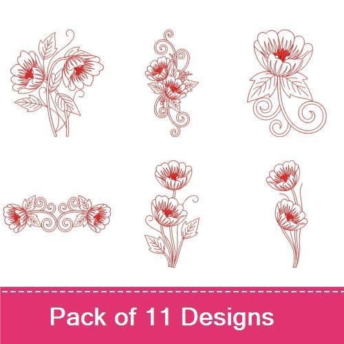 Redwork Floral Embroidery Designs Bundle – Floral Bouquet, Single Flower, Floral Stem & More (11 Designs)
