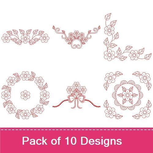 Redwork Floral Embroidery Bundle – Floral Wreath, Single Flower, Floral Border & More (10 Designs)