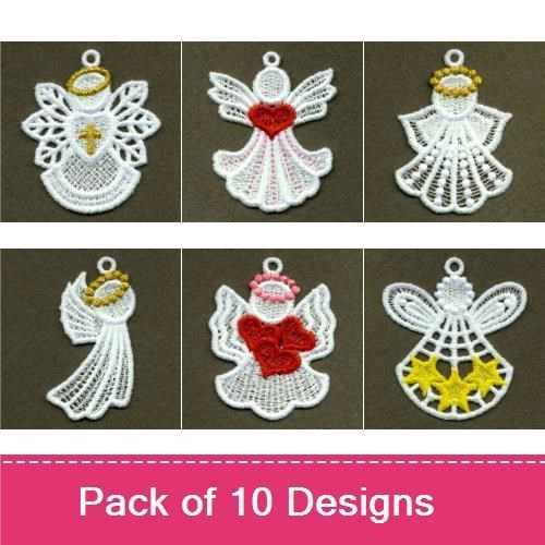 FSL Delicate Lace Angels Embroidery Bundle – Angel Ornament with Gold Halo, Lace Angel with Bow & More (10 Designs)