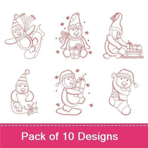 Redwork Festive Penguins Embroidery Designs Bundle – Penguin with Gift, Penguin in Santa Hat, & More (10 Designs)